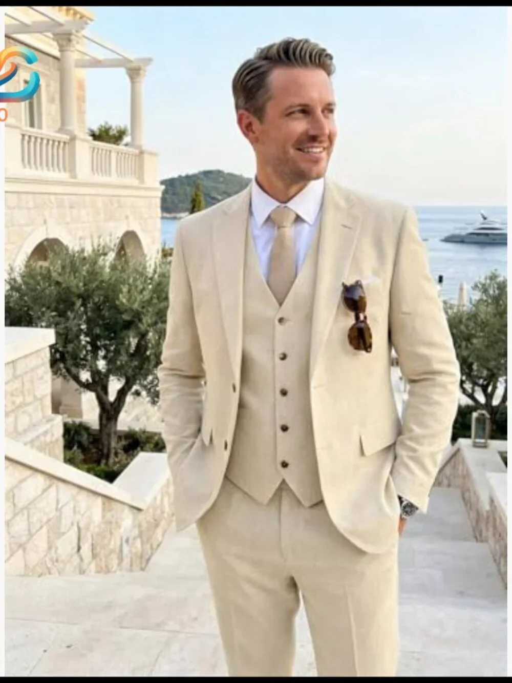 Slim Fit Linen Suit 3-Piece Jacket Vest Pants Wedding Casual Business